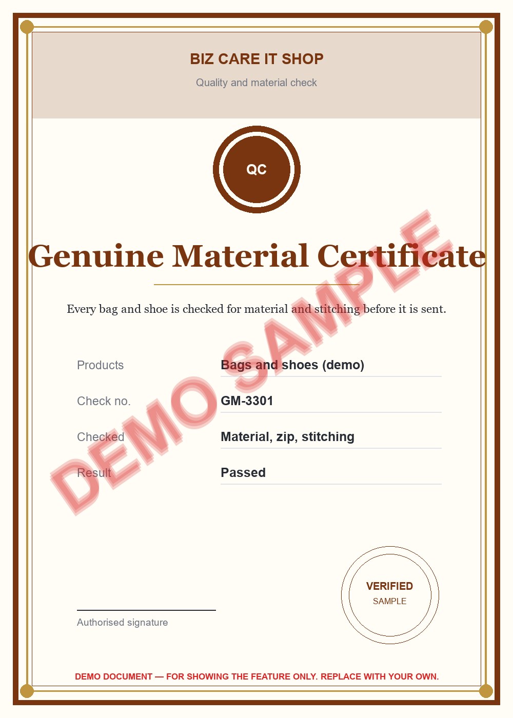 Genuine Material Certificate