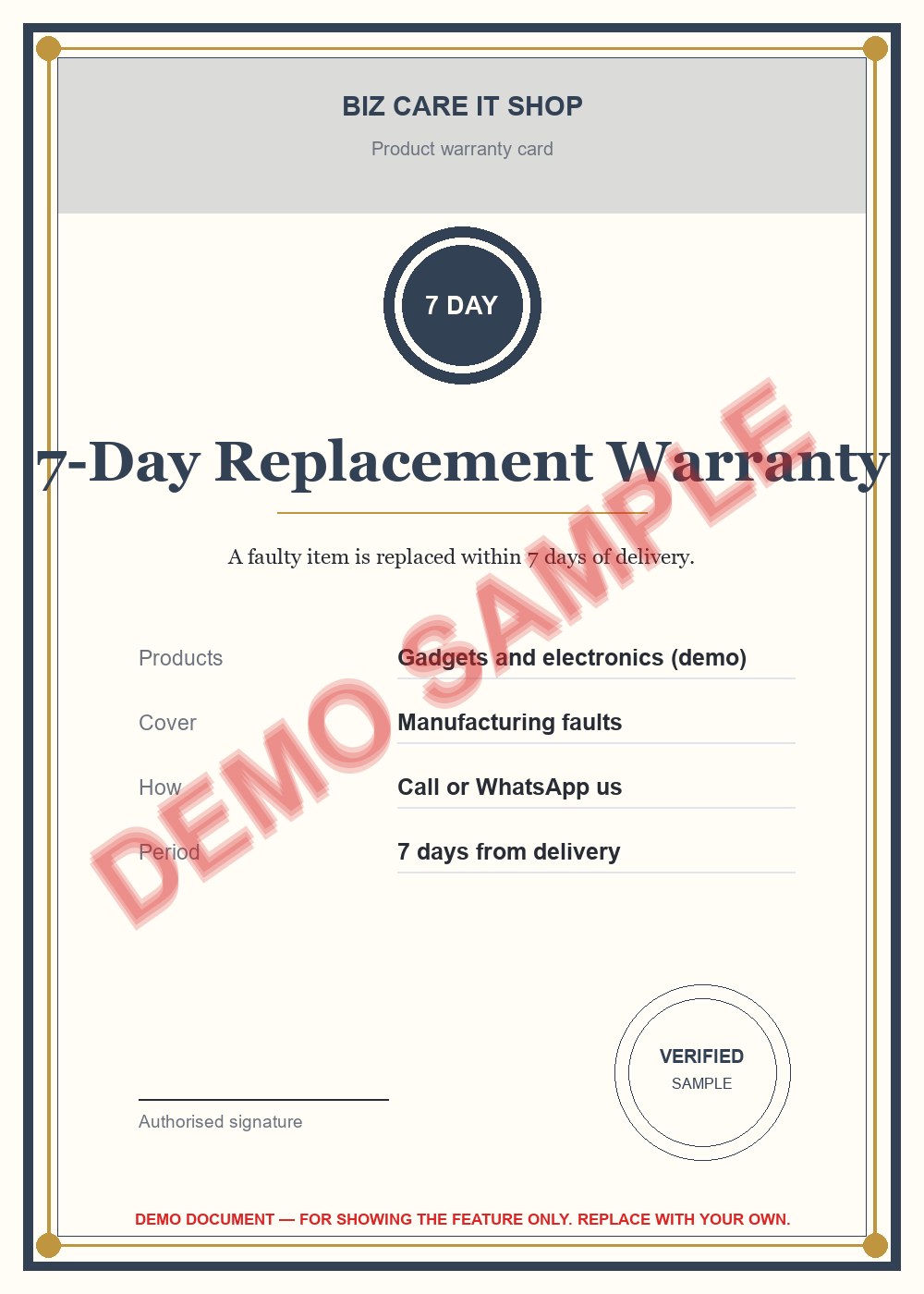 7-Day Replacement Warranty