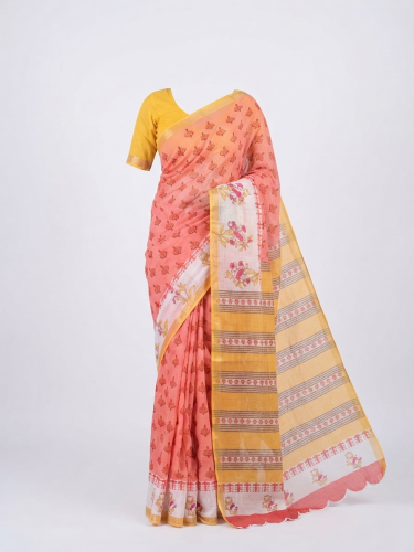 KLRS সূতি শাড়ি - গোলাপী ও হলুদ image